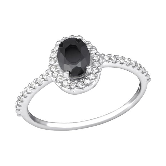 Sterling Silver Diamond Halo and Onyx Ring - Picture 1 of 5